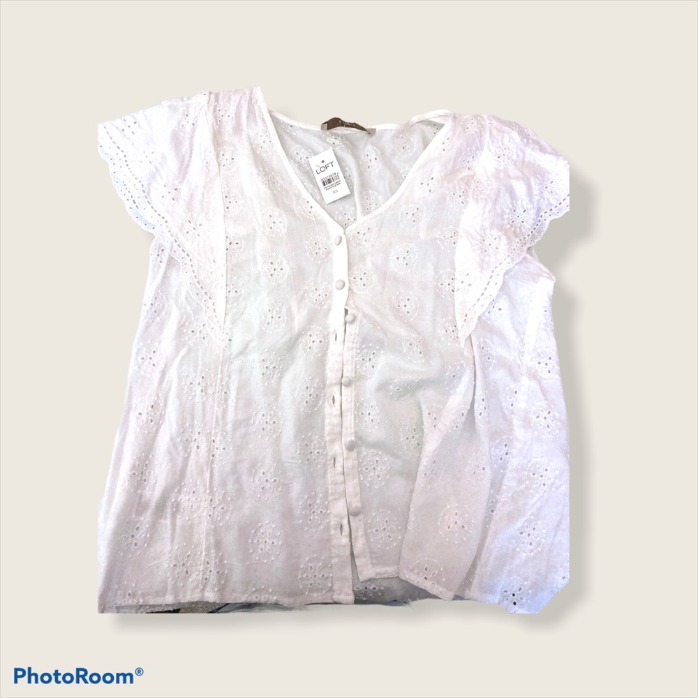 Loft Embroidered White Ruffle Blouse (XS)